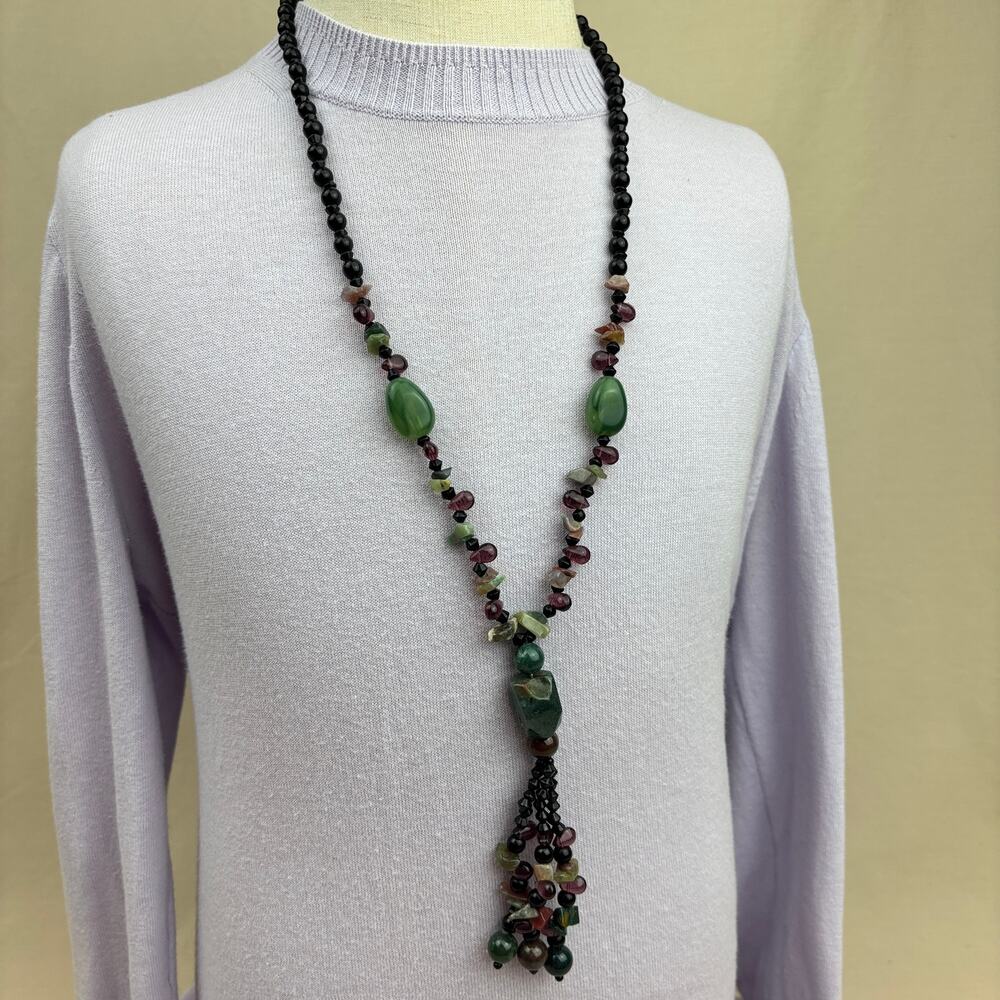 Earthy Stone Tassel Necklace, chunky natural gemstone bead boho artisan
